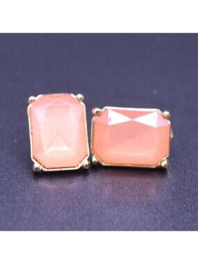 Vintage Gold Tone Clip On Earrings Peach & Clear Gemstone Statement Rectangles